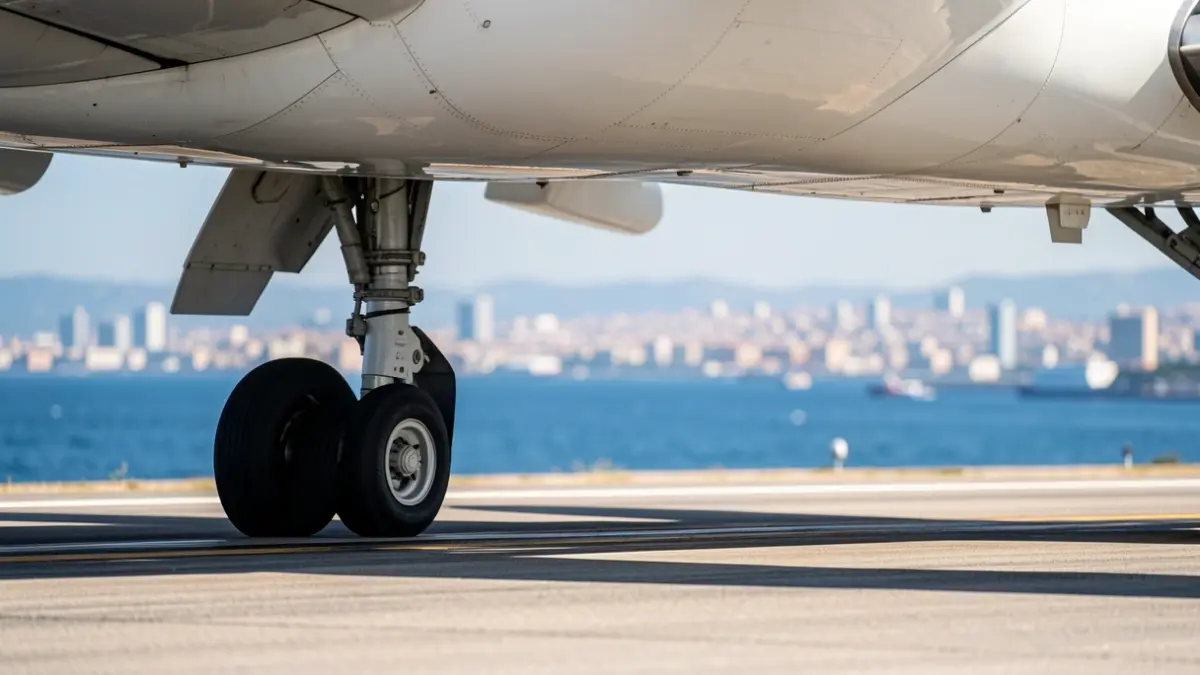 Aterratge d'un avió a l'aeroport d'Alacant-Elx amb el mar Mediterrani al fons.