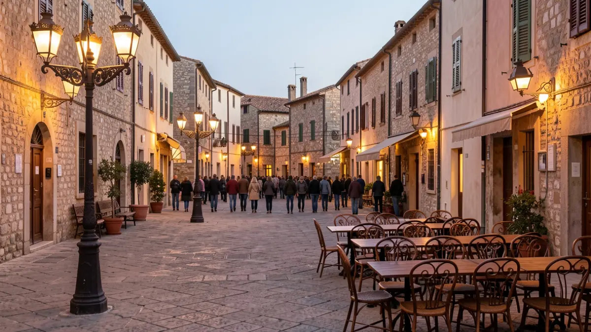 Generic image of a square with a terrace in a Mediterranean city at dusk.