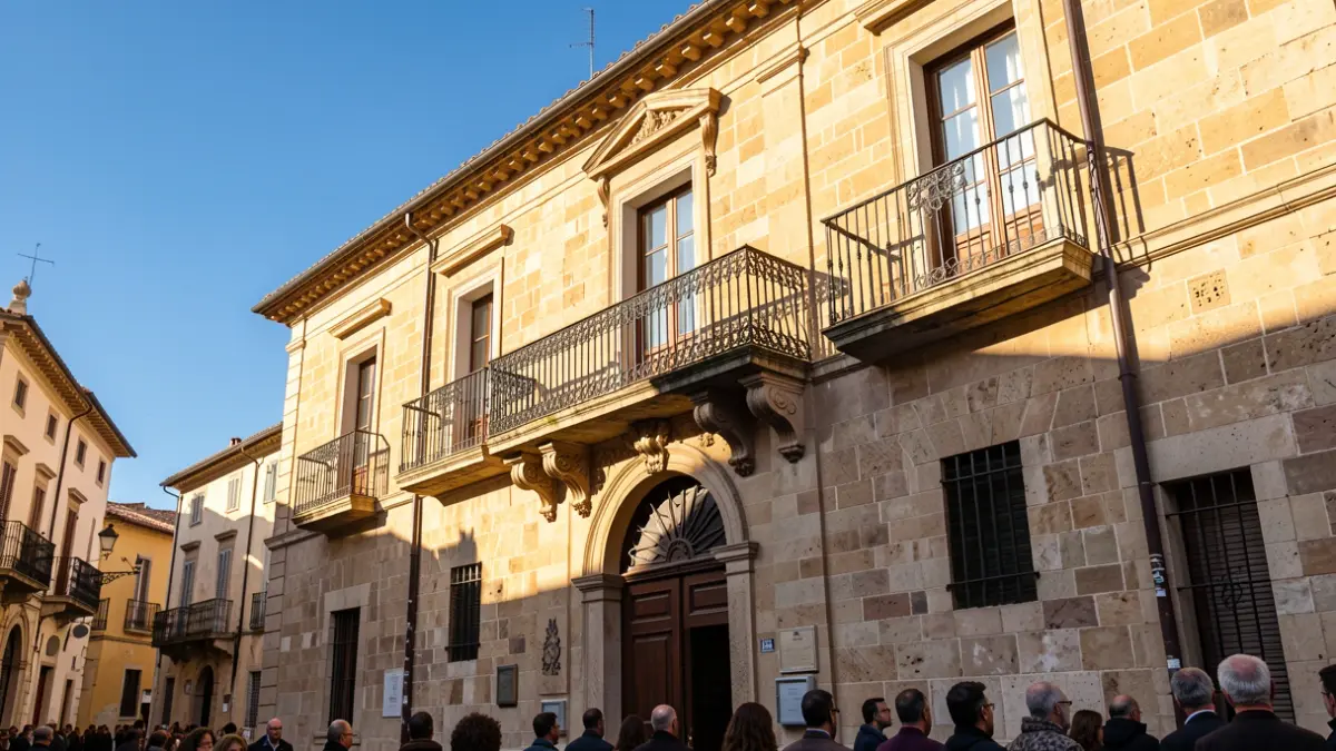Imagen genérica de la fachada de un ayuntamiento mediterráneo con balcón y barandillas de hierro, luz de tarde.