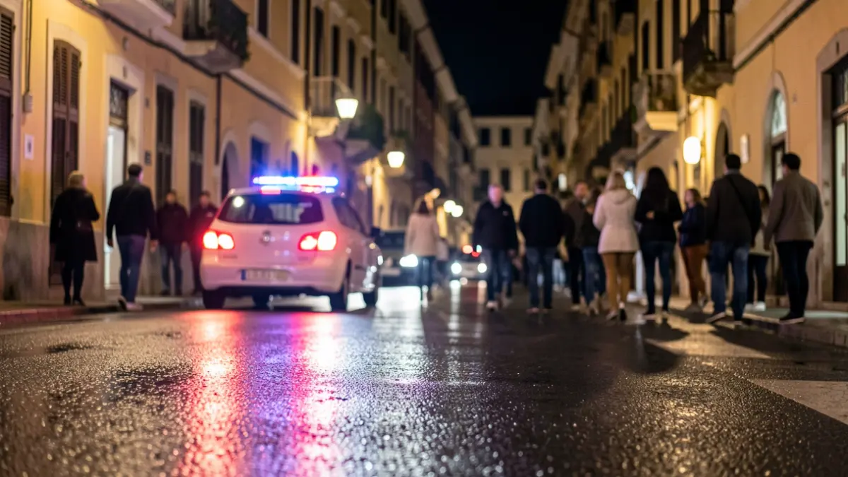 Imagen de luces de emergencia reflejadas en el asfalto de una calle de Valencia tras un suceso.
