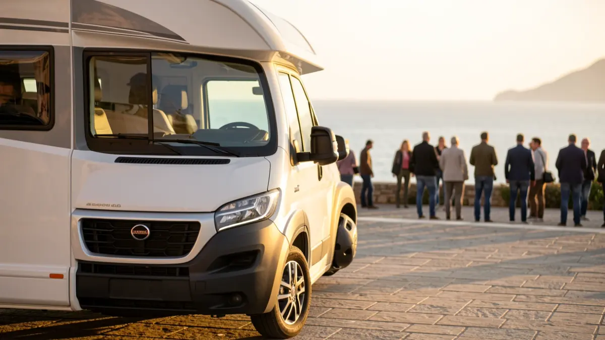 Imatge genèrica d'una autocaravana aparcada en una zona costanera al capvespre.