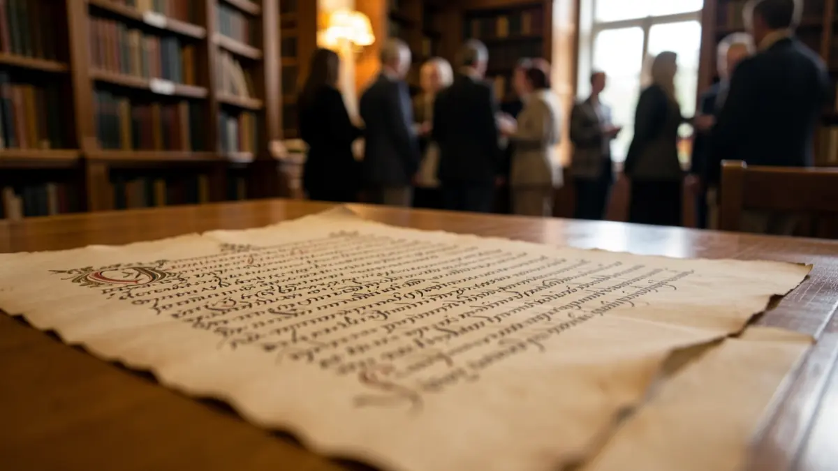 Imatge d'un document històric en pergamí sobre una taula de fusta en una biblioteca.
