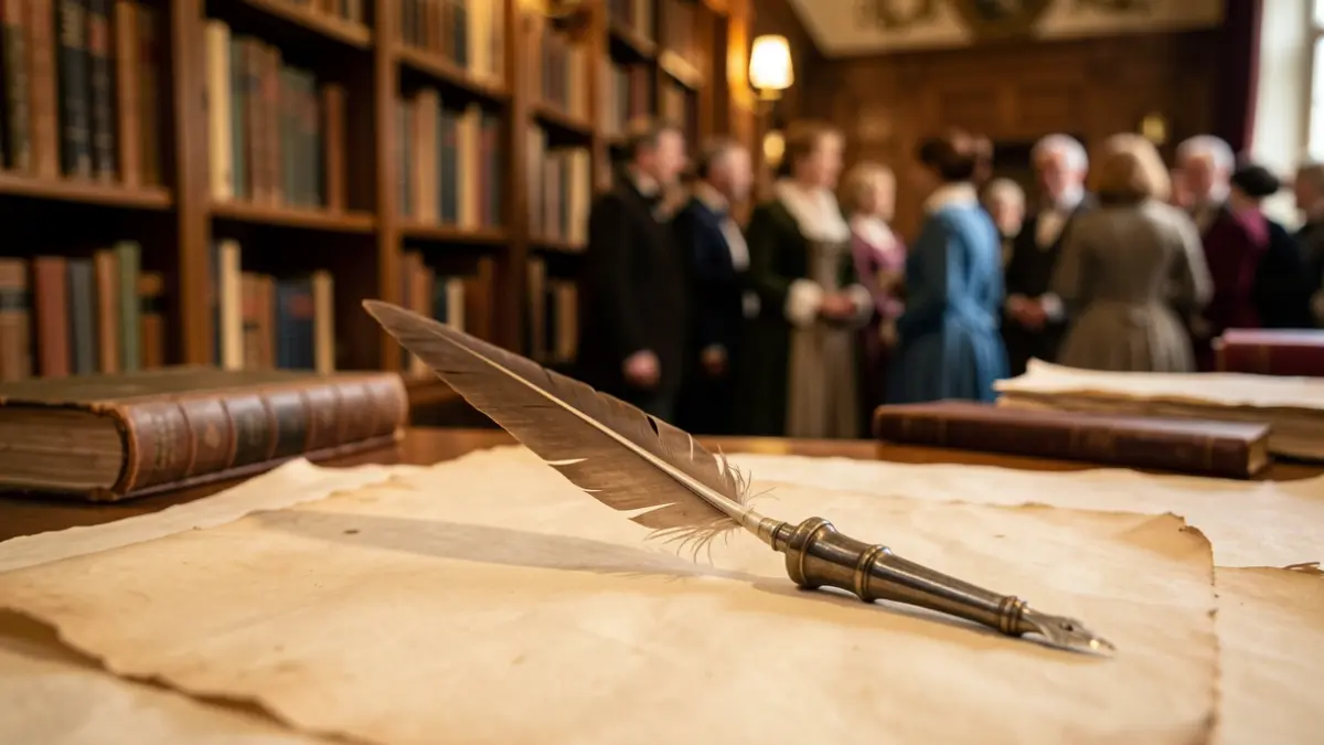 Imatge genèrica d'una ploma antiga sobre pergamí, amb prestatgeries desenfocades al fons.