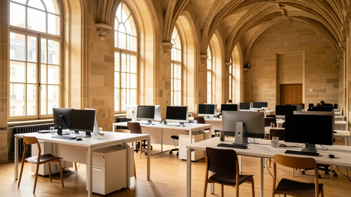 Image of the interior of a historic building adapted as a technology training space with modern workstations.