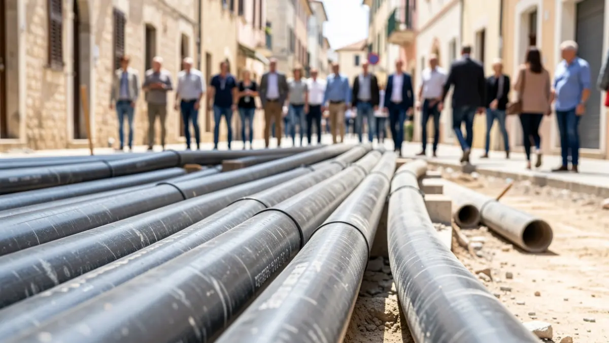 Imagen genérica de tuberías de hierro dúctil en una obra de renovación de la red de agua.