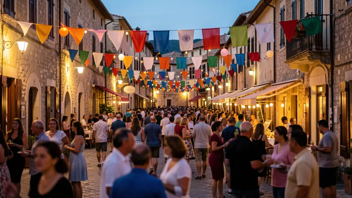 Imagen genérica de una plaza de pueblo mediterráneo durante una fiesta, con gente y luces.