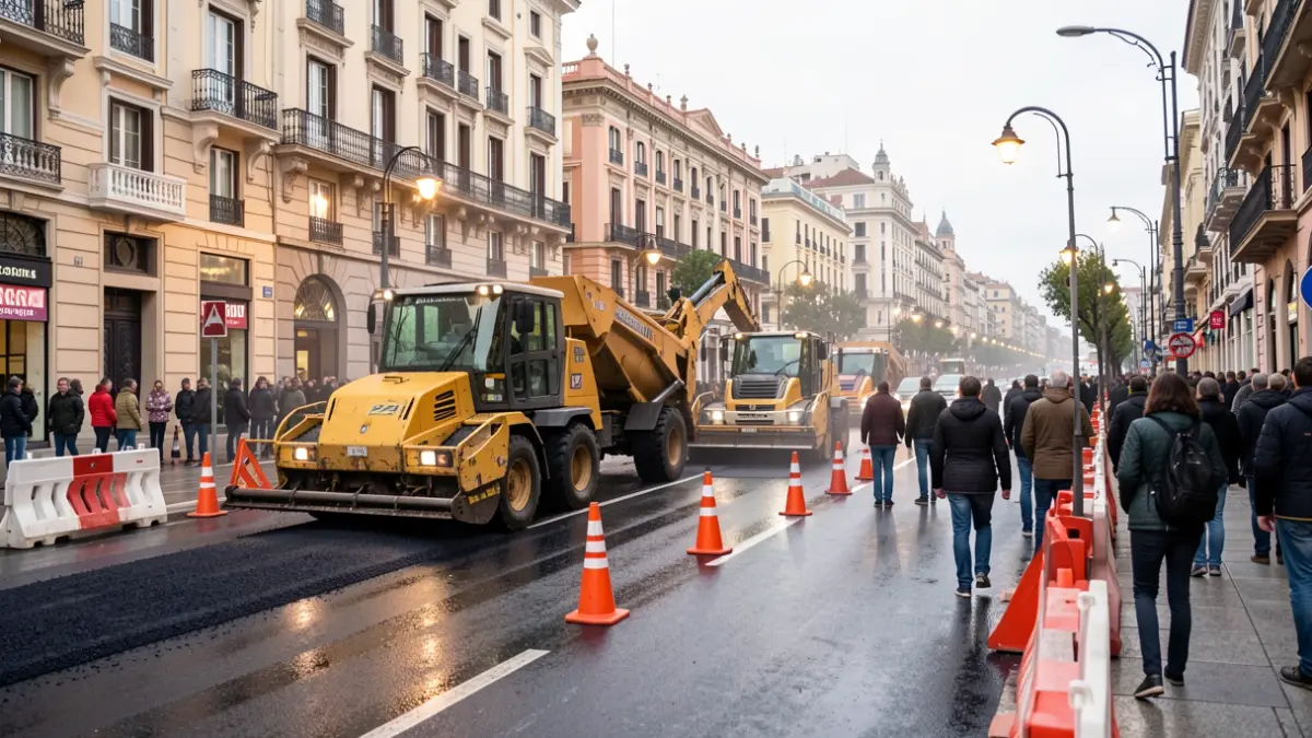 Obras de asfaltado en la Gran Vía Marqués del Turia en Valencia con maquinaria y afectaciones de tráfico.
