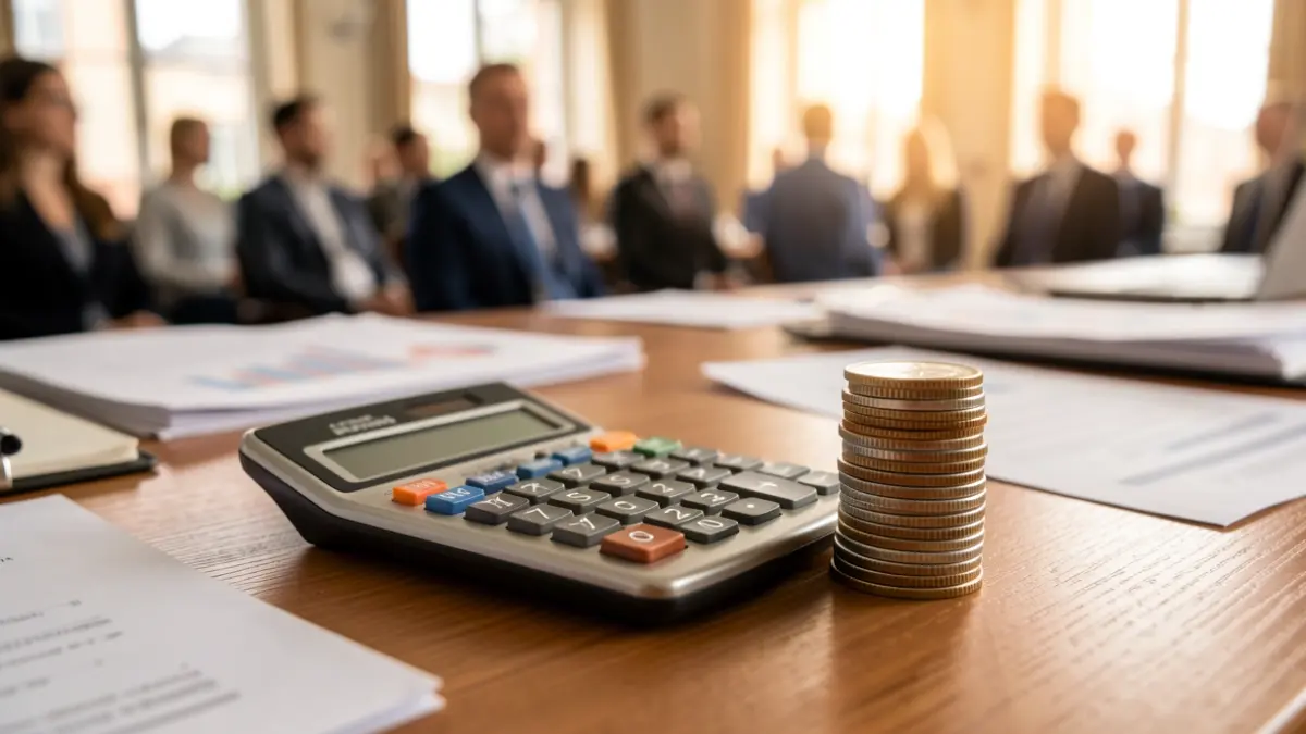 Generic image of financial calculations and coins on an office desk.