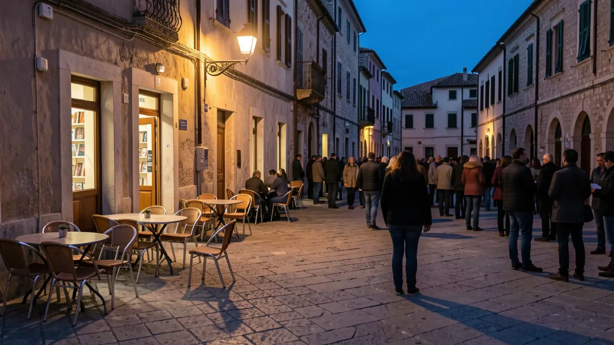 Imatge genèrica d'una plaça de poble mediterrani buida al capvespre, amb cadires i taules fora d'un edifici de la biblioteca.