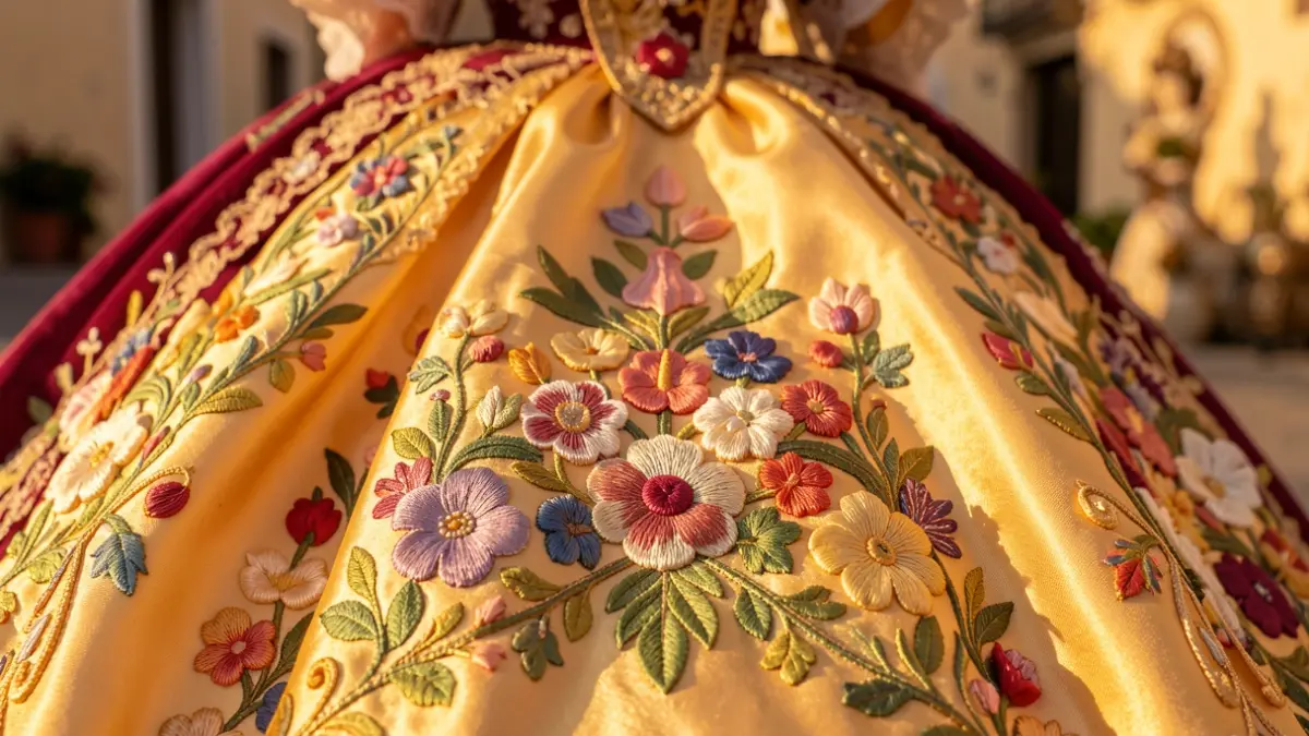Imatge genèrica de teixit de seda amb brodats tradicionals de fallera.