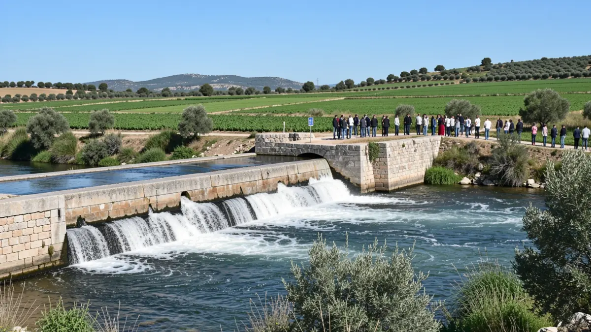 Image of a traditional azud on the Júcar river, with surrounding agricultural fields.