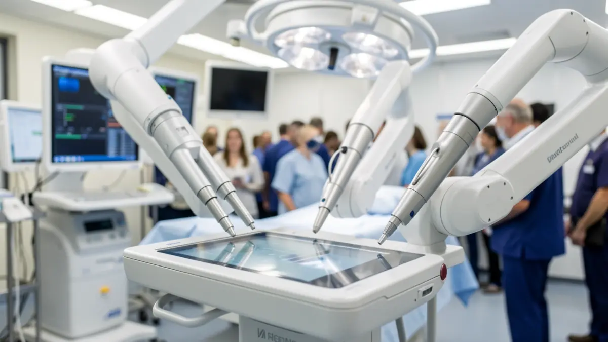 Generic image of robotic technology applied to surgery in a hospital environment.