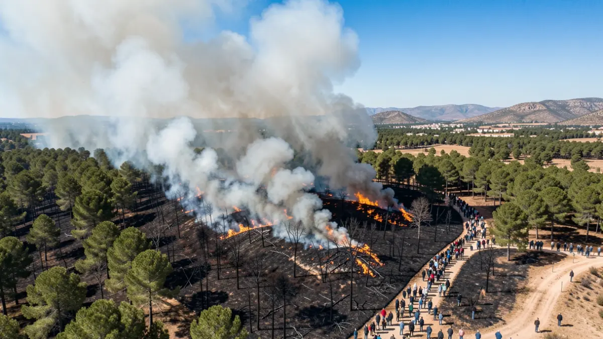 Aerial image of a forest fire in Artana, with thick smoke and visible flames.