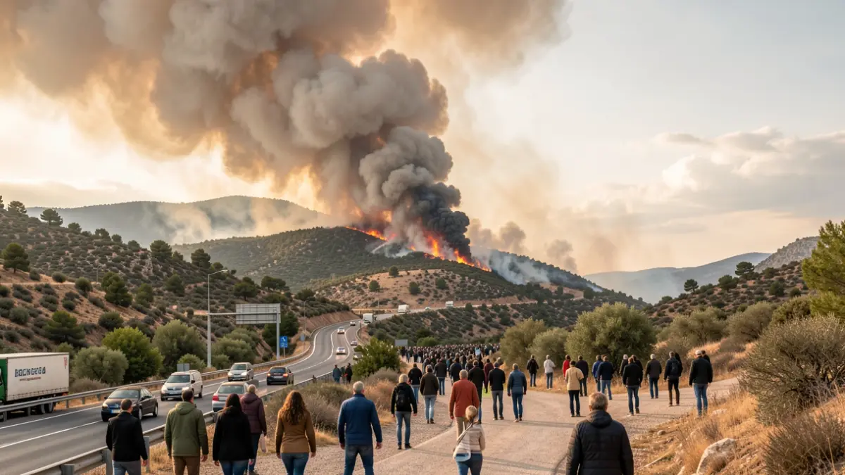 Imatge genèrica d'un incendi forestal prop d'una autovia amb fum elevant-se.