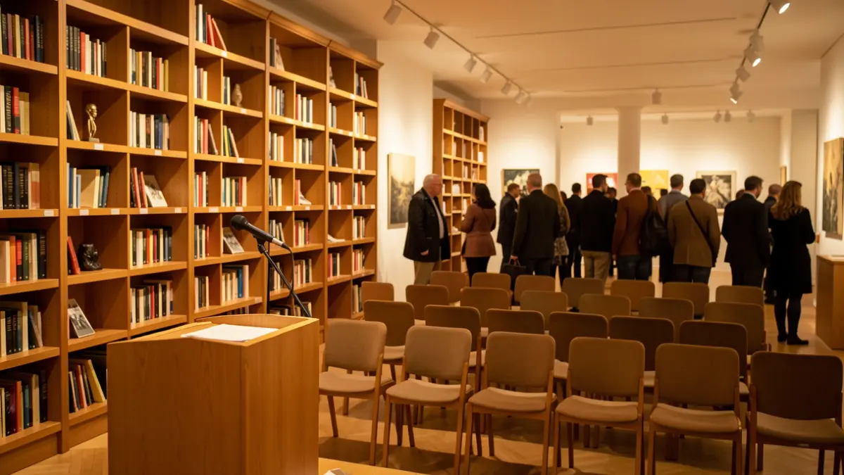 Imagen del interior de una sala de exposiciones con elementos de una instalación artística y un atril para presentaciones.