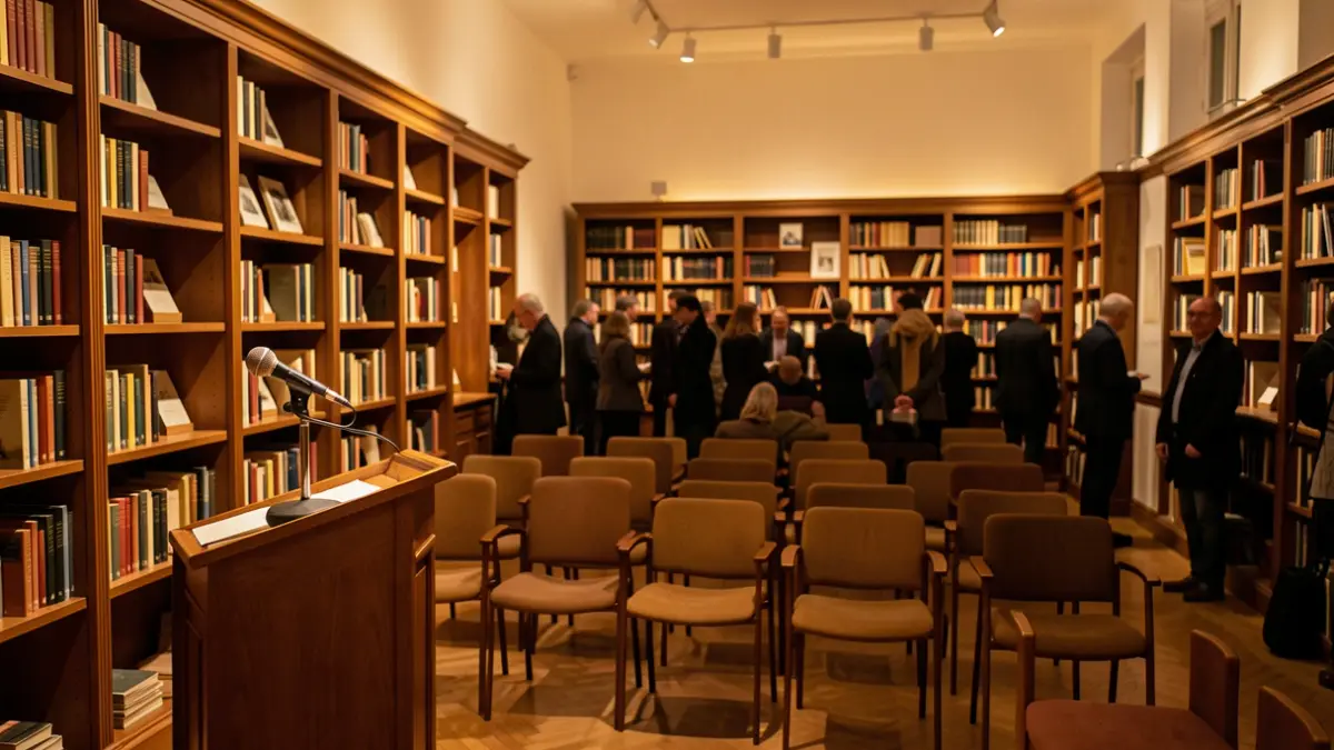 Imagen del interior de una sala de actos en un museo con sillas y un micrófono.
