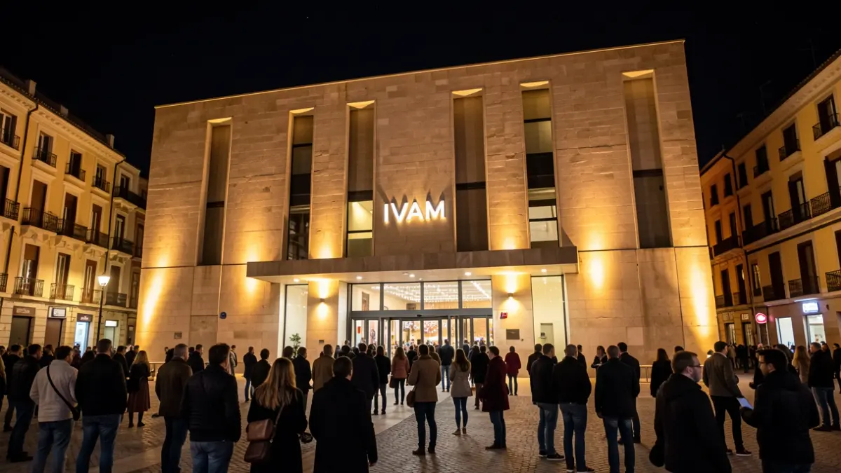 Imatge de la façana de l'IVAM de València de nit, amb llums que il·luminen l'entrada.