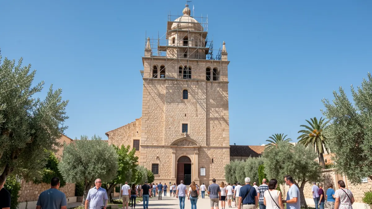 Imatge de la Torre dels Coloms del Monestir de la Murta a Alzira, amb obres de restauració en curs.