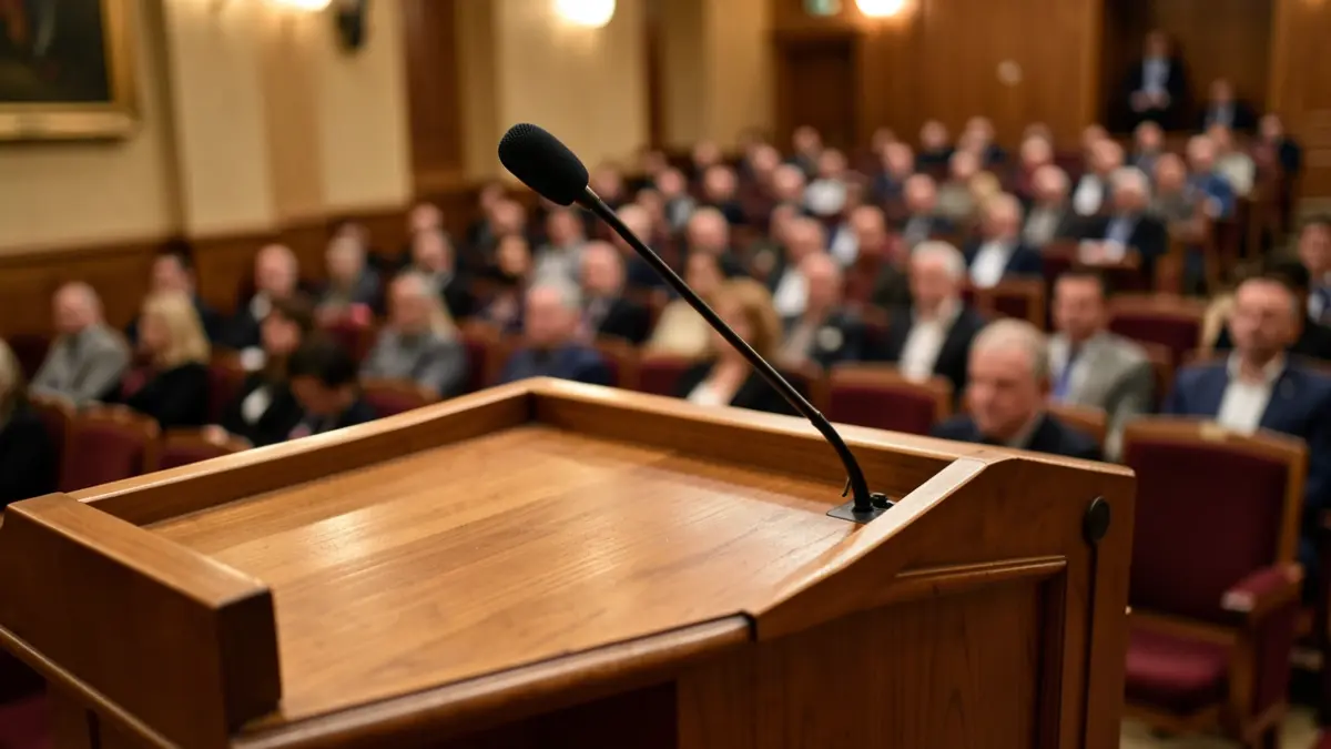 Generic image of a podium with a microphone in an assembly hall.