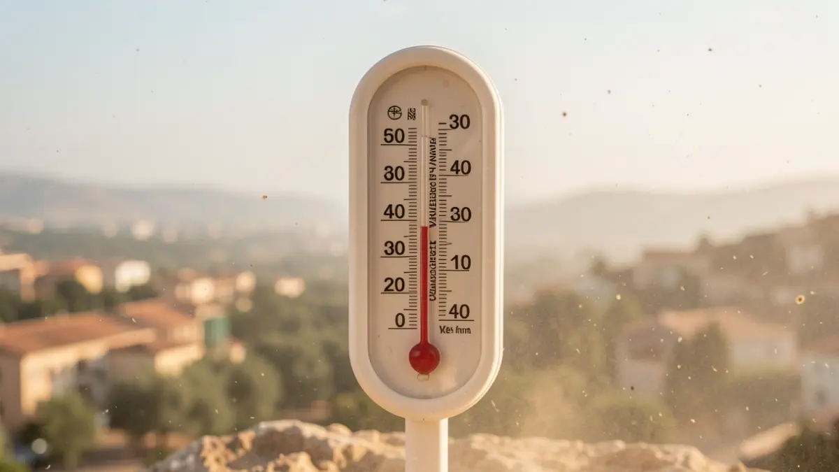 Imatge genèrica d'un termòmetre mostrant temperatures molt altes sota un cel taronja amb pols en suspensió, simbolitzant una onada de calor.