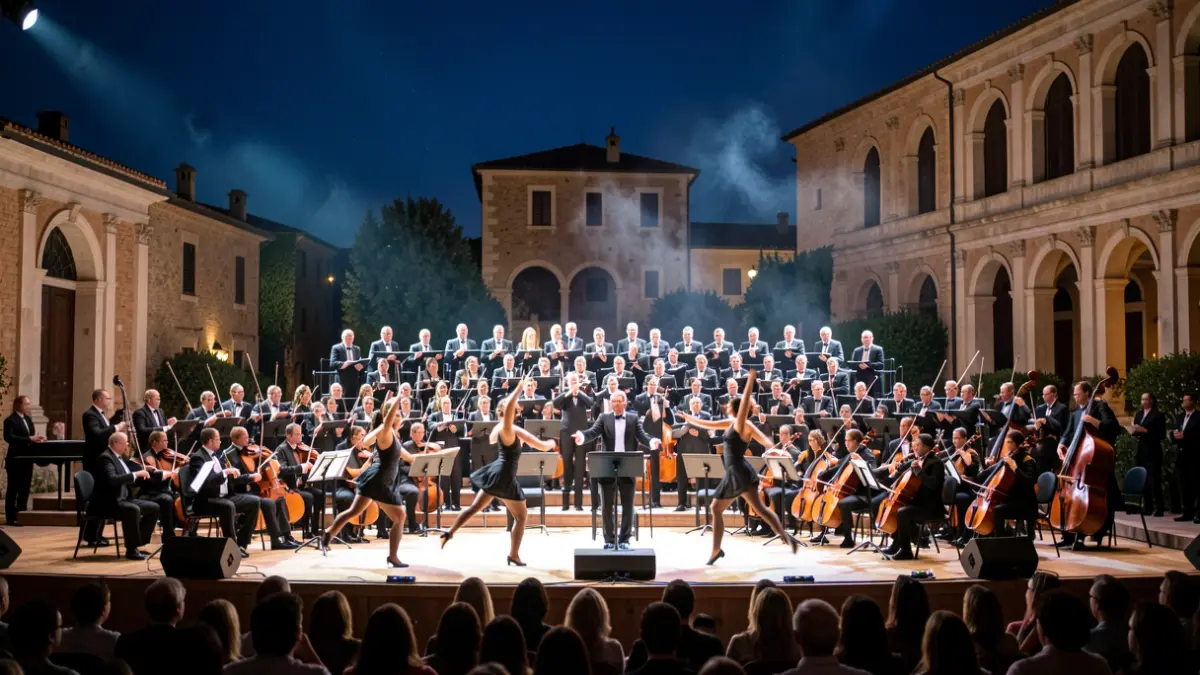 Imatge genèrica d'un espectacle musical amb orquestra, cor i ballarins sota llums escèniques.