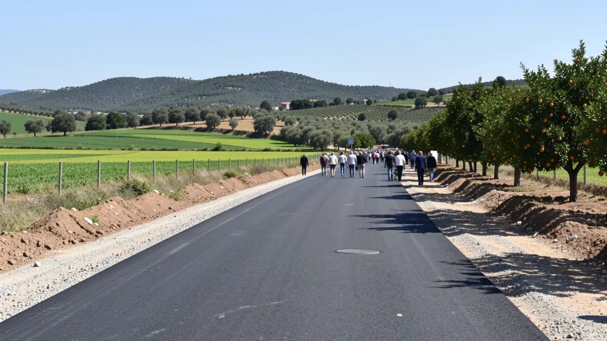 Obres de construcció en una zona rural amb camps de cultiu al fons.