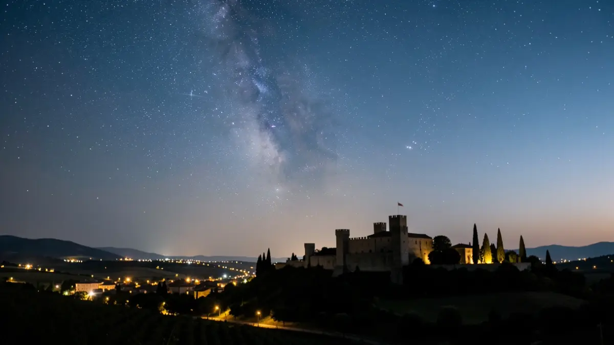 Imatge genèrica d'un cel nocturn sobre un paisatge mediterrani amb un castell medieval i llums de poble.