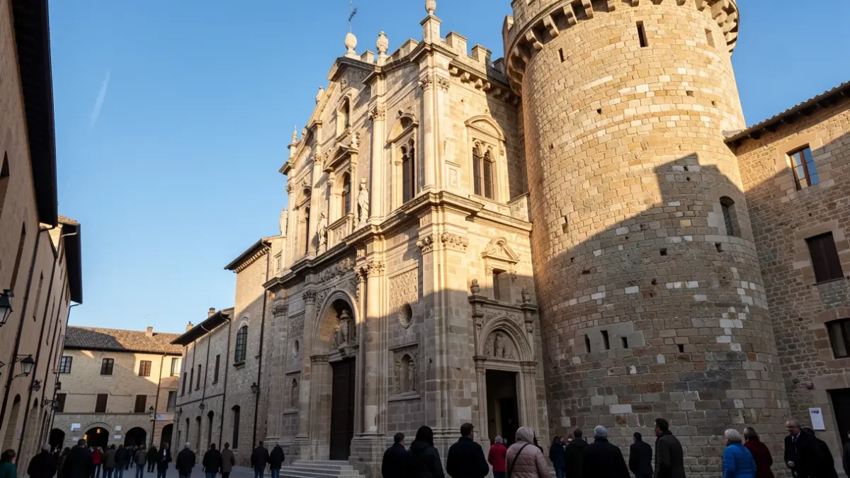 Façana de pedra d'una torre medieval a Morella amb detalls arquitectònics, il·luminada per la llum del sol.