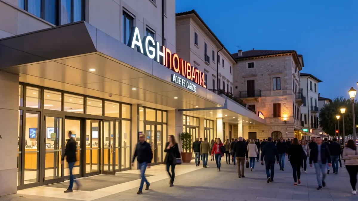 Imagen genérica de un cine moderno con elementos arquitectónicos mediterráneos.
