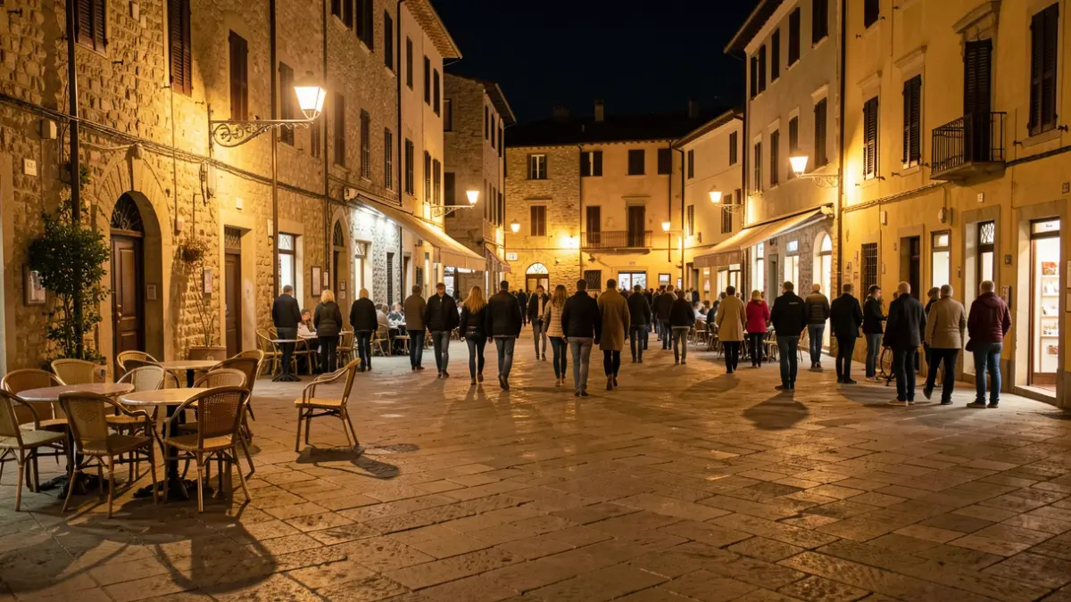 Generic image of a Mediterranean town square at night with warm lighting.