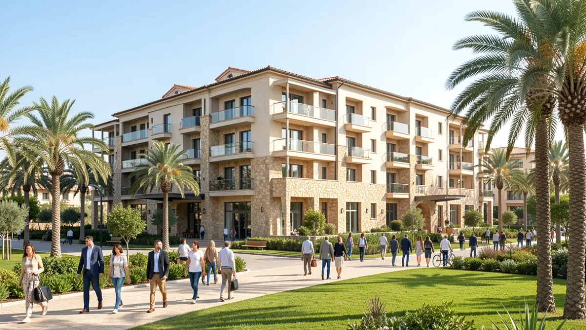 Imatge genèrica d'un hotel en construcció amb elements arquitectònics mediterranis.