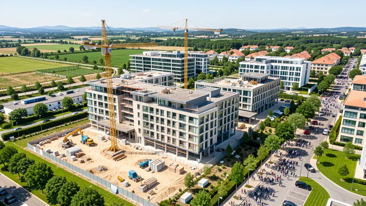 Imagen genérica de un hotel en construcción en un parque empresarial mediterráneo.
