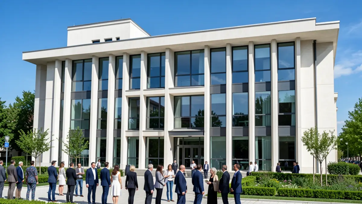 Generic image of a modern judicial building with balconies and large windows.