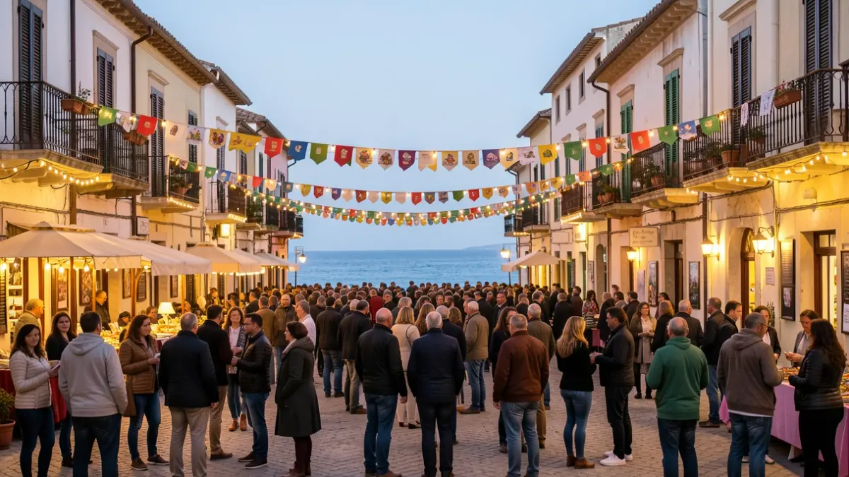 Imagen genérica de una plaza de pueblo mediterráneo iluminada para una fiesta.