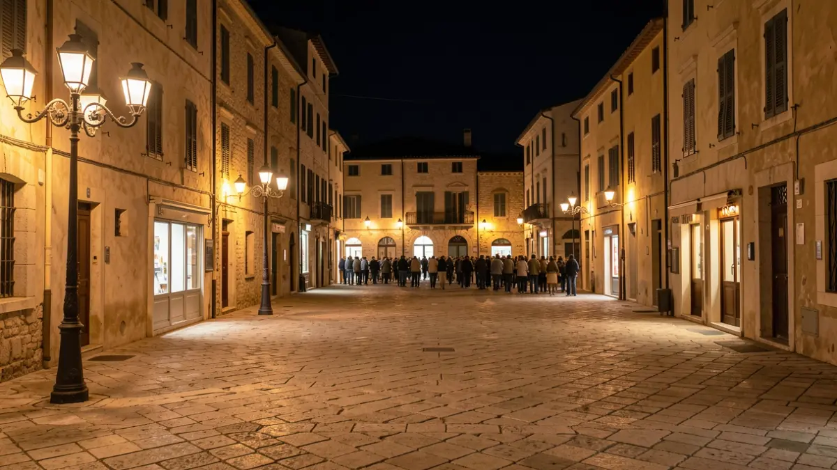 Generic image of a square in a Mediterranean town at night.
