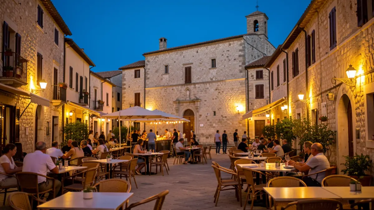 Generic image of a Mediterranean city square at dusk with outdoor tables and chairs.
