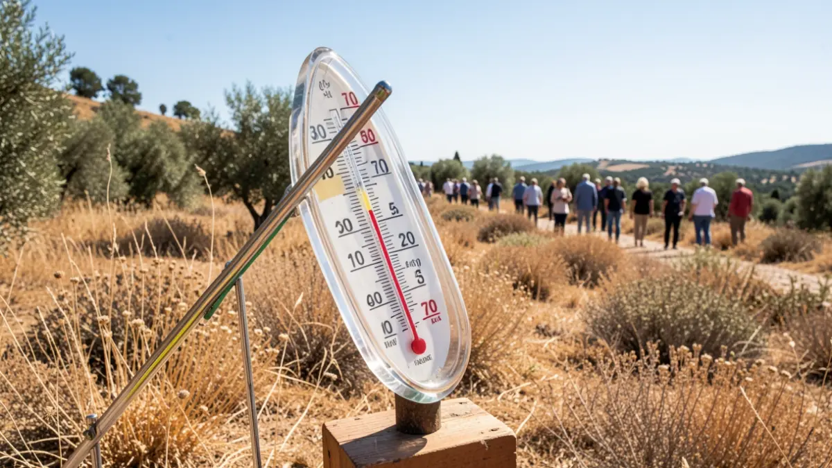 Imatge genèrica de termòmetre amb alta temperatura i paisatge mediterrani.