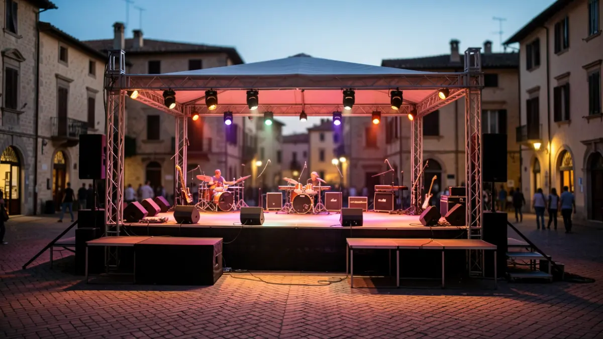 Generic image of an outdoor stage in a town square at dusk, with warm lights.