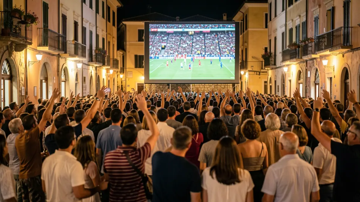 Imagen genérica de una plaza llena de gente celebrando una victoria deportiva con una pantalla gigante.