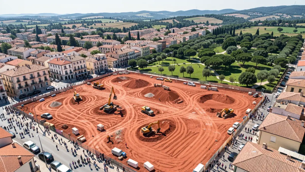 Aerial view of an urban development area with earth and green spaces in Ontinyent.