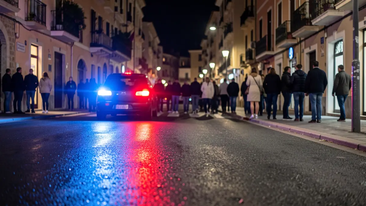 Imagen genérica de luces de emergencia policial reflejadas en el asfalto durante la noche.