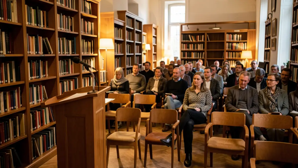 Interior de una biblioteca con estanterías de madera y un atril preparado para una presentación cultural.