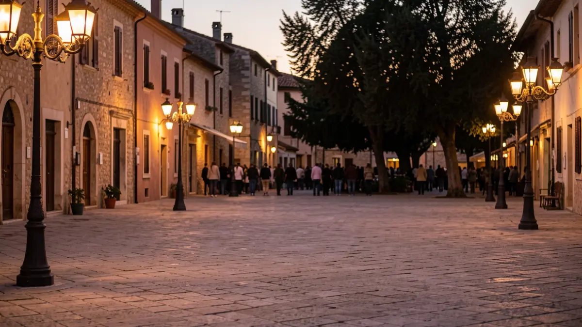 Generic image of a square in a Mediterranean town during twilight.