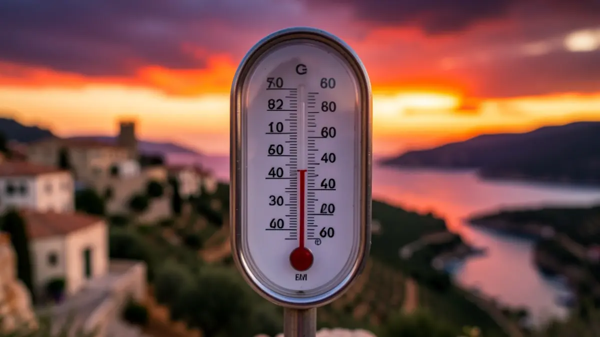 Generic image of a thermometer showing an extremely high temperature in a Mediterranean landscape at dusk.