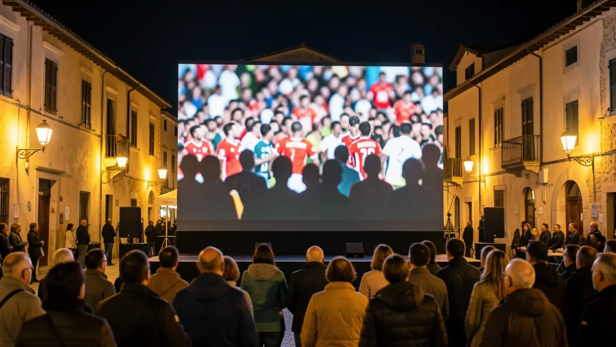 Imatge genèrica d'una pantalla gegant retransmetent un partit de futbol en una plaça de poble.
