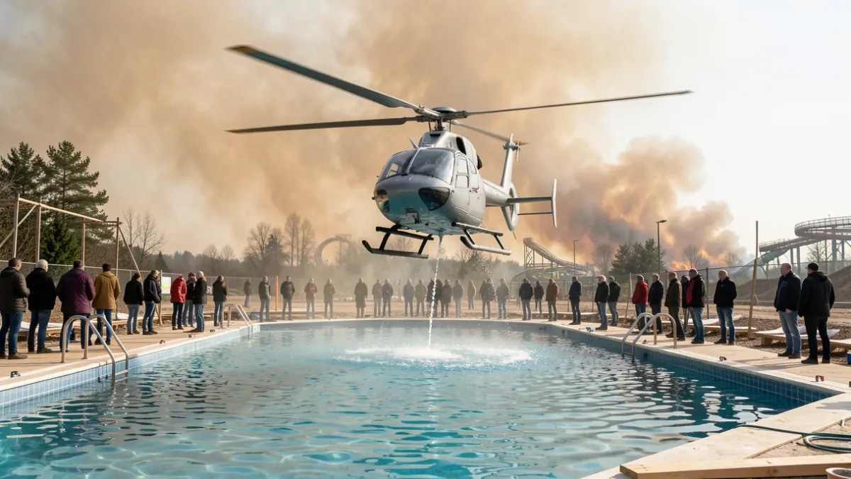 Image of a helicopter refilling water from a pool at an unfinished water park during a wildfire.