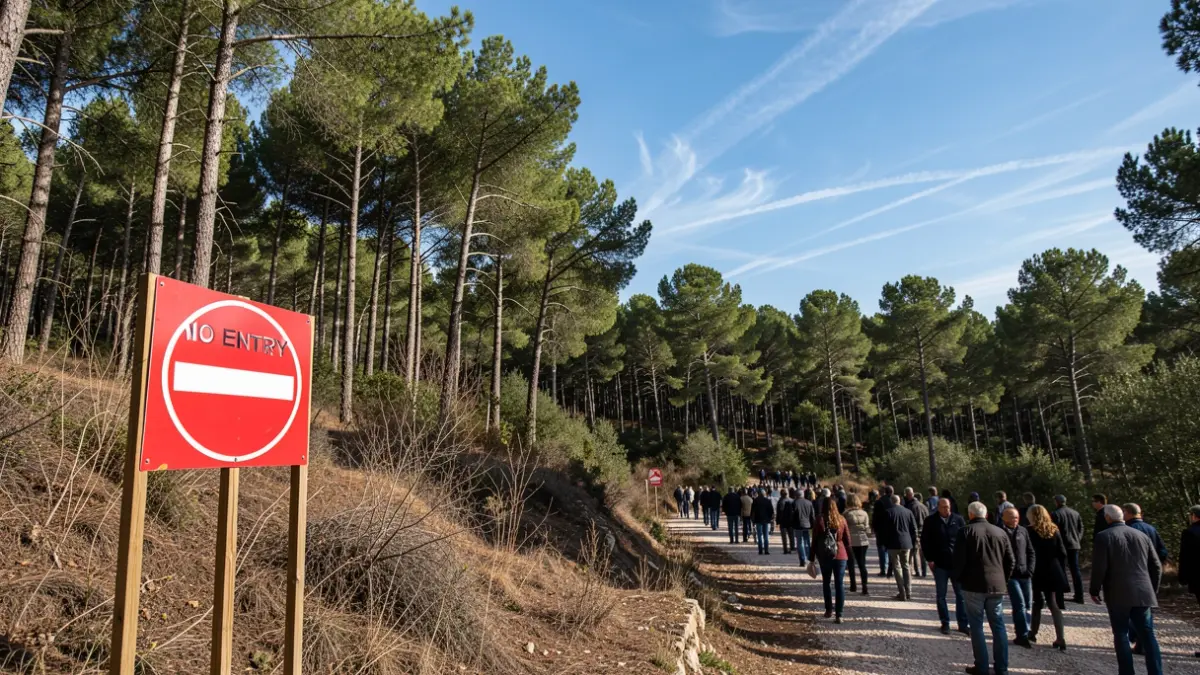 Imagen genérica de riesgo de incendio forestal con señal de prohibición de acceso.