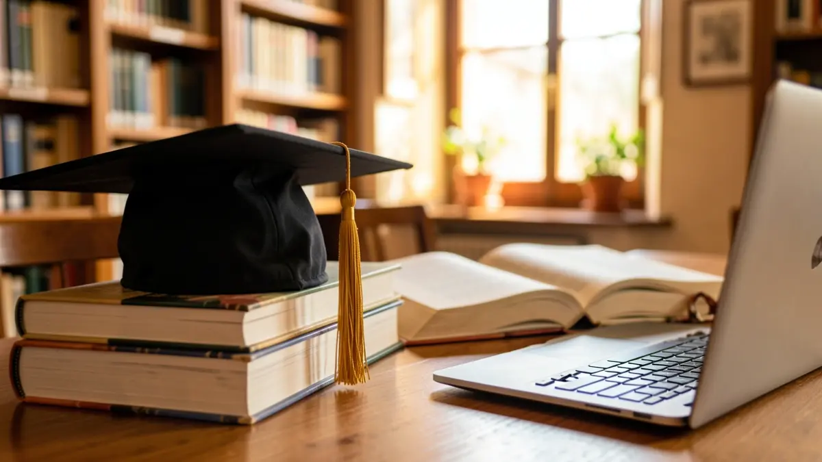 Generic image of university studies with books and a graduation cap on a table.