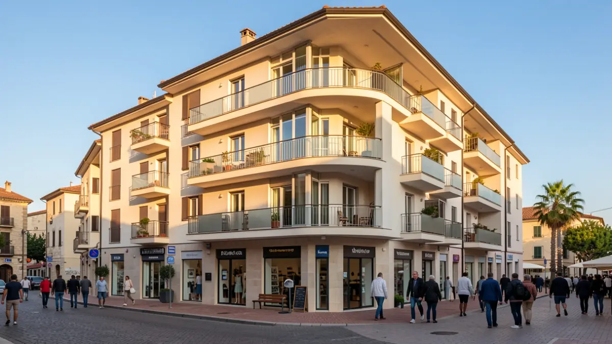 Façana d'un edifici residencial amb baixos comercials en una localitat mediterrània.