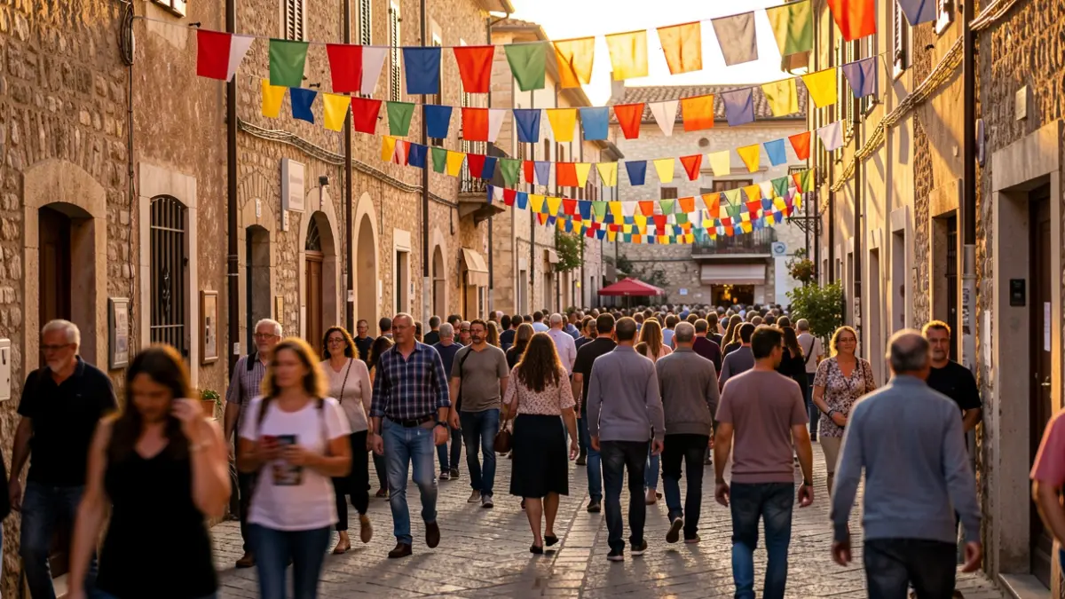 Imagen genérica de una calle ambientada en fiestas populares con decoración y gente.
